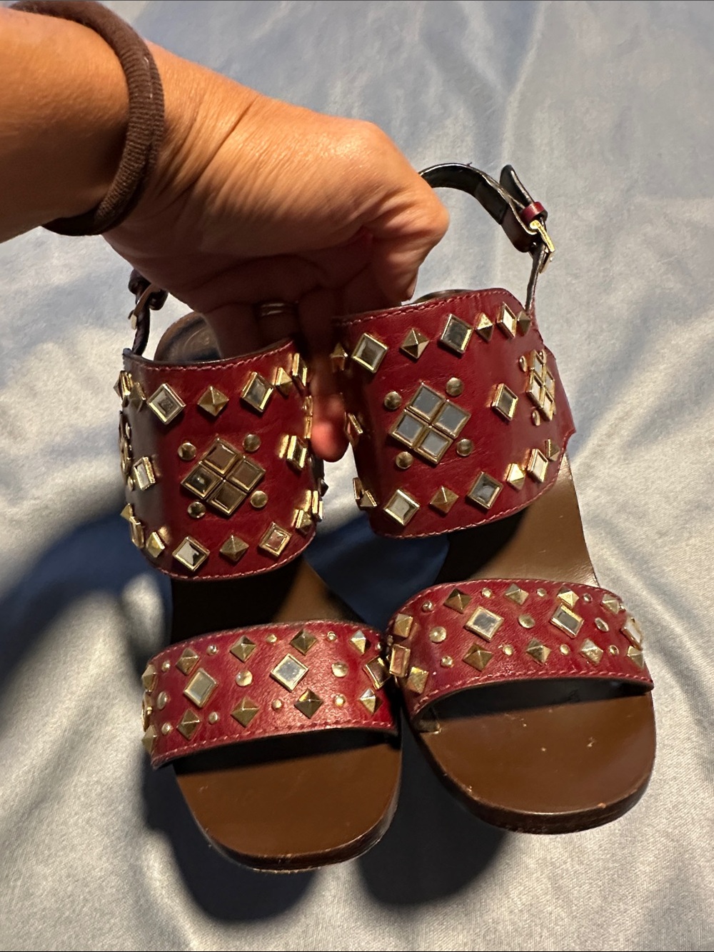 Tory Burch Studded Burgundy Leather Sandals Size 7 but fits a 6